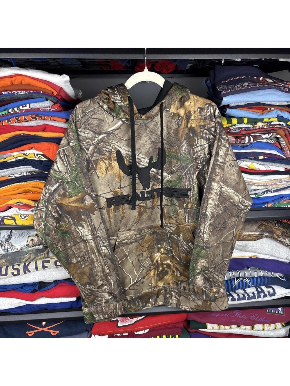 Vintage Y2K Realtree Camo Hoodie Deer Skull Logo Pullover Sweatshirt Sz L